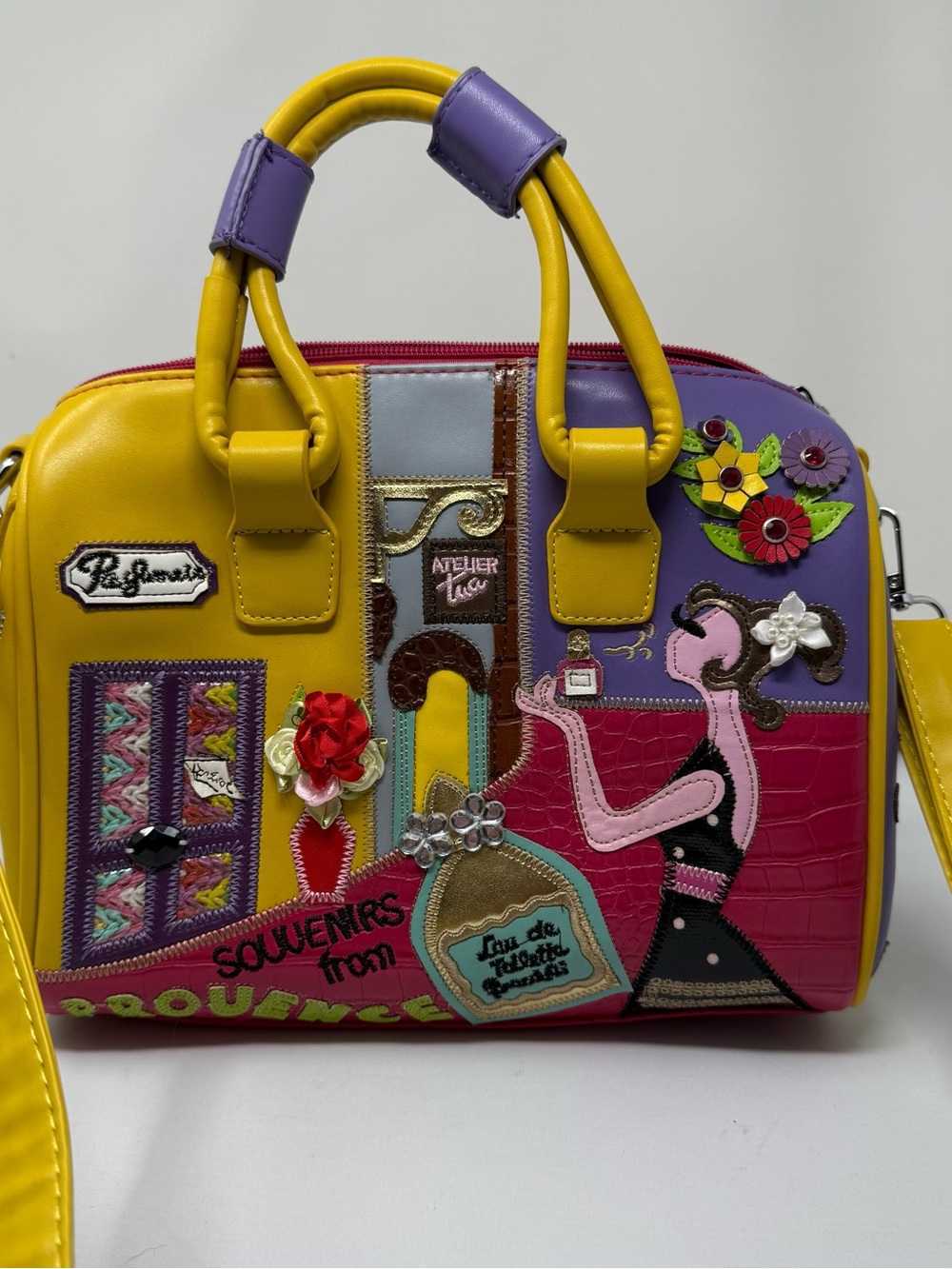 Colorful Appliqué Leather Satchel - Yellow & Purple